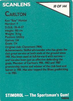 1988 Scanlens VFL #10 Ken Hunter Back
